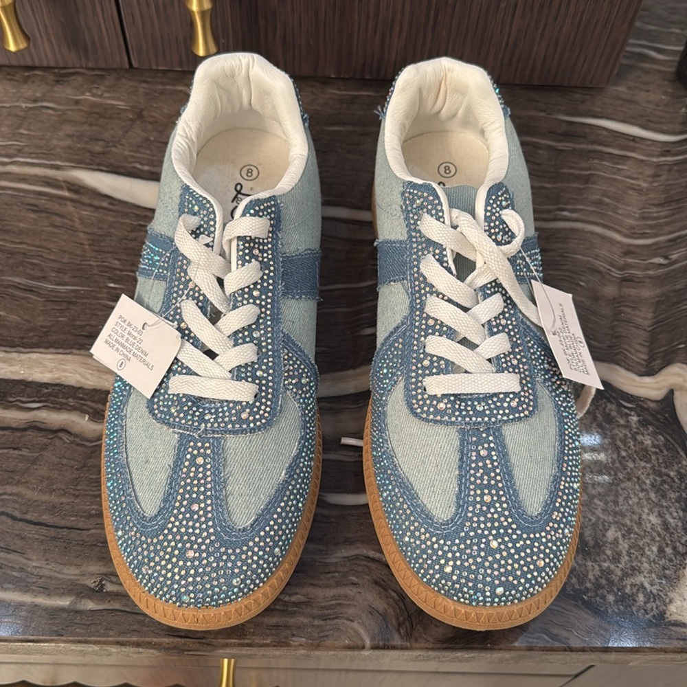 Crystal-Embellished Light Blue Denim Sneakers - Women